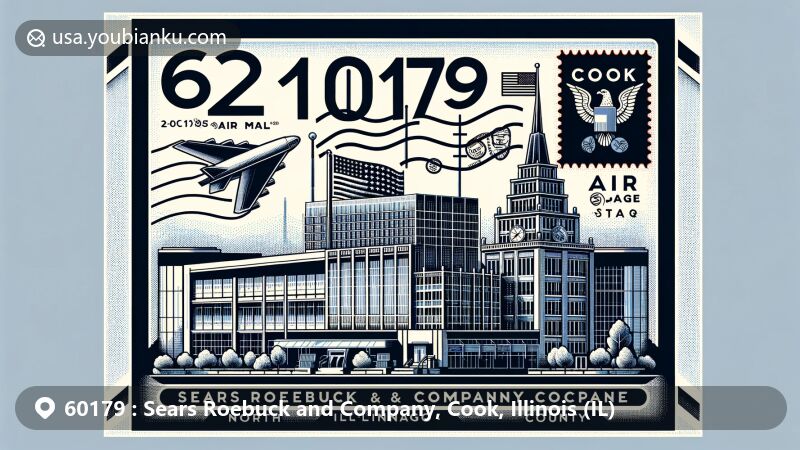 Modern illustration of Sears Roebuck and Company in Cook, Illinois, featuring vintage air mail envelope with postal theme and Illinois state symbols.