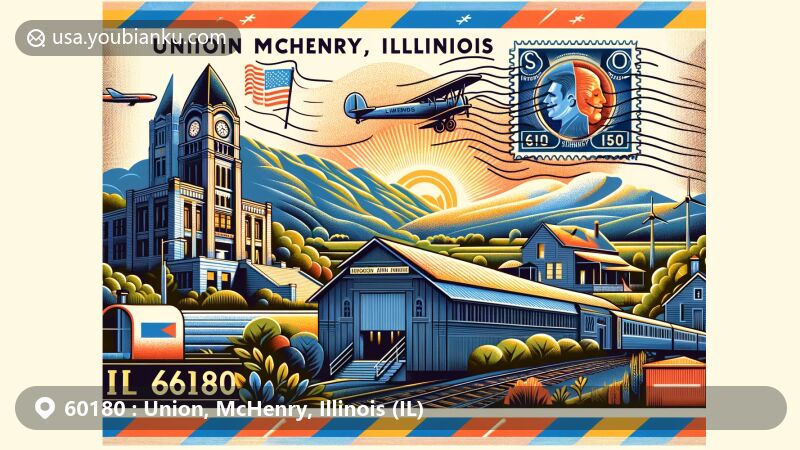 Modern illustration of Union, McHenry, Illinois, styled as a vintage air mail envelope with landmarks like McHenry County Historical Society, Illinois Railway Museum, and postal elements.