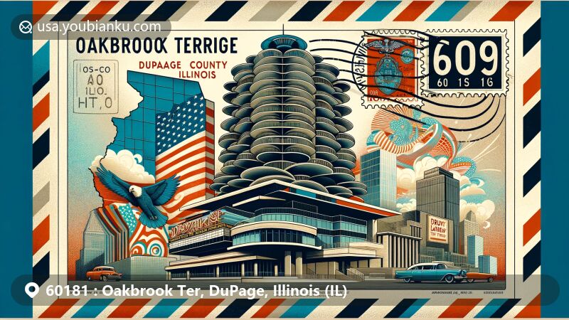 Modern illustration of Oakbrook Terrace, DuPage County, Illinois, featuring ZIP code 60181, showcasing Oakbrook Terrace Tower, Drury Lane Theatre, Illinois state flag, and vintage postal theme.