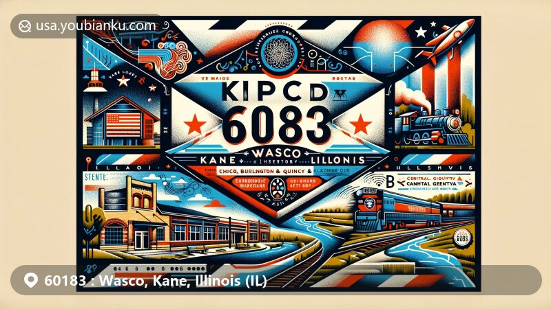 Modern illustration of Wasco area, Kane County, Illinois, inspired by vintage airmail envelope with ZIP code 60183, featuring Kane County map, Central Geneva Historic District, and local landmarks.