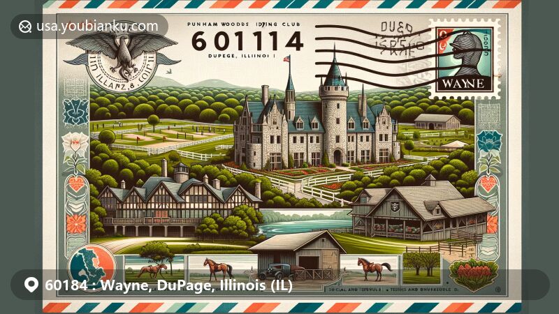 Modern illustration of Wayne, DuPage, Illinois, showcasing postal theme with ZIP code 60184, featuring Dunham Castle, Dunham Woods Riding Club, horse farms, and Pratt's Wayne Woods.