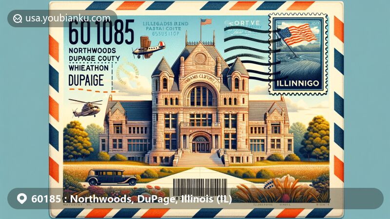 Illustration of Northwoods area in DuPage County, Illinois, featuring air mail envelope with Adams Memorial Library in Wheaton, showcasing Richardsonian Romanesque architectural style and natural prairies, including Illinois state flag and vintage postal elements.