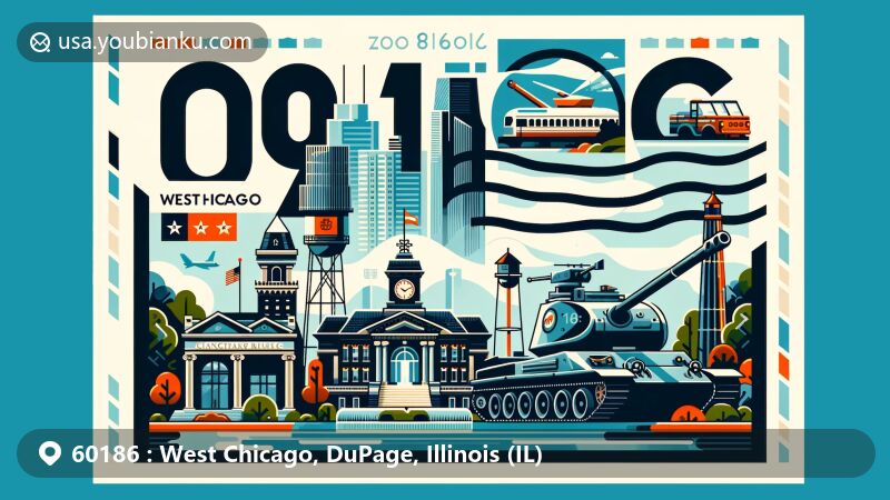 Contemporary illustration of West Chicago, Illinois, capturing ZIP code 60186 with iconic landmarks like First Division Museum at Cantigny Park, downtown architecture, water tower, and Blackwell Forest Preserve.