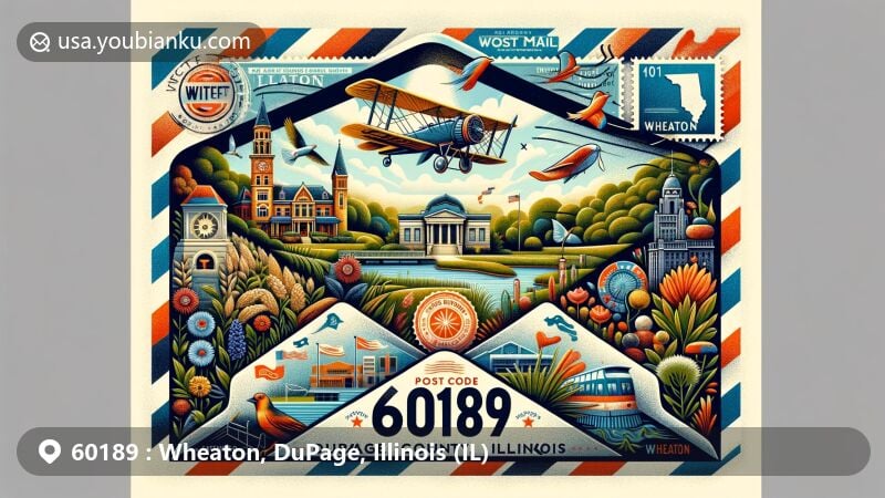 Modern illustration of Wheaton, DuPage, Illinois, featuring vintage air mail envelope and iconic landmarks like Cantigny Park, DuPage County Courthouse, and Lincoln Marsh Nature Preserve.