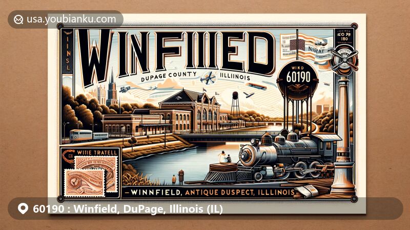Modern illustration of ZIP code 60190, Winfield, DuPage County, Illinois, showcasing town's natural beauty with Riverwalk Park and West Branch DuPage River, featuring Hedges Station and Northwestern Medicine Central DuPage Hospital.