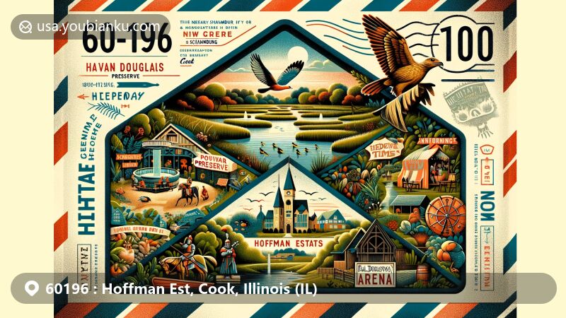 Modern illustration of Hoffman Estates, Cook, Illinois, focusing on ZIP code 60196 with a postal theme. Features include Paul Douglas Preserve, Village Green with amphitheatre and Hideaway Brew Garden, Medieval Times in Schaumburg, and Now Arena, showcasing the area's natural beauty, cultural scene, and sports enthusiasm.