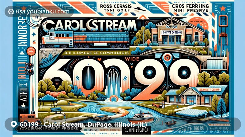 Creative illustration of Carol Stream, DuPage County, Illinois, showcasing iconic landmarks like Armstrong Park, Coyote Crossing Mini Golf, and the Ross Ferraro Town Center, with a postal theme and natural scenery.