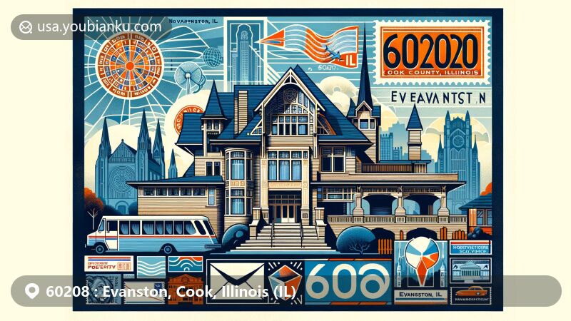 Modern illustration featuring a stylized airmail envelope with ZIP Code 60208 at the center, showcasing Evanston's landmarks like the Emil Bach House, Lake Street Church, Harley Clarke Mansion, and symbols of Northwestern University.