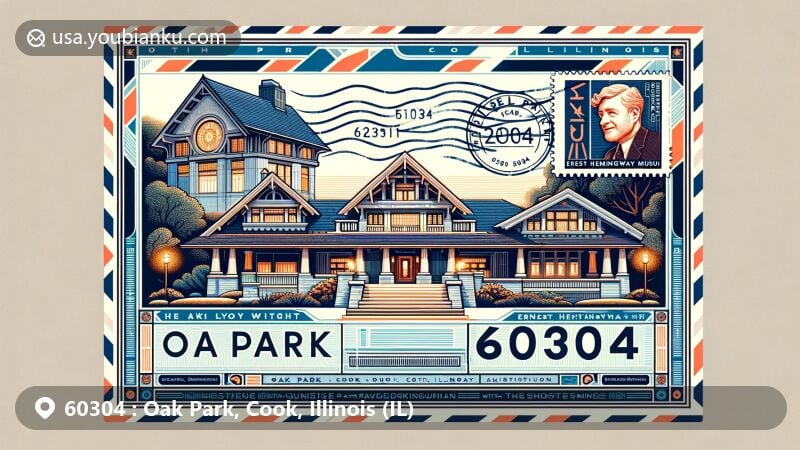 Modern illustration of Oak Park, Cook, Illinois, capturing ZIP code 60304, showcasing Frank Lloyd Wright Home and Studio on the left, Ernest Hemingway Birthplace Museum on the right, with airmail envelope design.