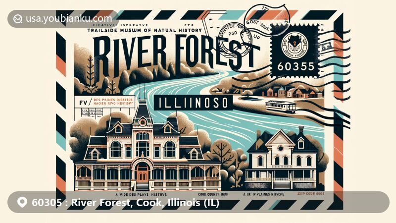 Contemporary illustration of ZIP code 60305 (River Forest, Cook, Illinois) showcasing Trailside Museum of Natural History, Des Plaines River, historic homes, and postal elements.