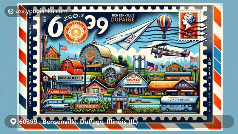 Modern illustration of Bensenville, DuPage, Illinois, with a vintage airmail envelope design, featuring Fischer Farm and Illinois state flag.