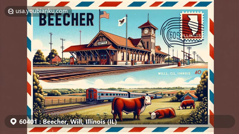 Vivid illustration of Beecher, Will County, Illinois, featuring historic Beecher Depot, Hereford cattle in agricultural setting, and postal theme with vintage airmail envelope details.