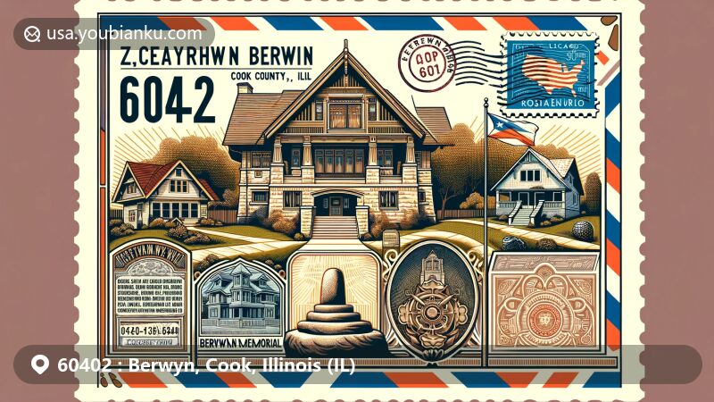 Modern illustration of Berwyn, Cook County, Illinois, focusing on ZIP code 60402, highlighting Central Berwyn Bungalow Historic District with Chicago-style bungalows reflecting Craftsman, Prairie, and Romanesque Revival influences. Includes Berwyn WWI Memorial, bronze plaque on boulder with flagpole, and symbols of early Czech heritage and postal elements like ZIP Code label, postage stamp, and postmark.