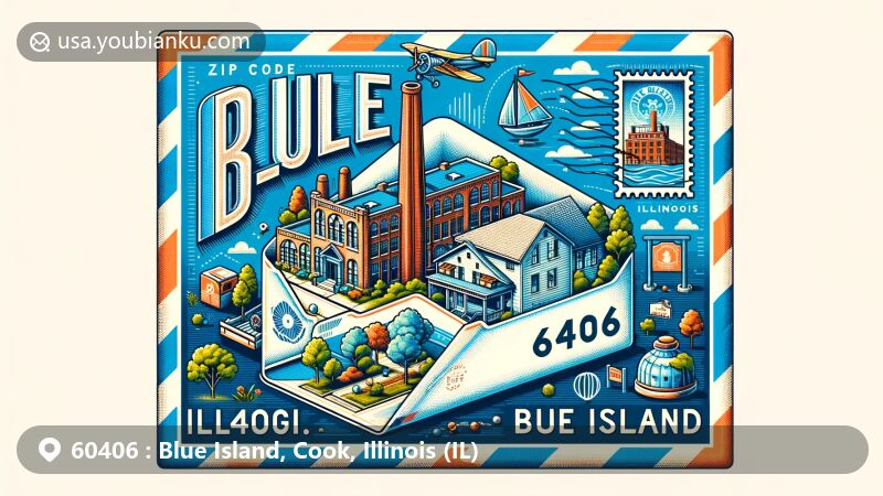 Modern illustration of Blue Island, Cook County, Illinois, featuring ZIP code 60406, showcasing vintage airmail envelope with symbols of Blue Island's history and postal heritage.