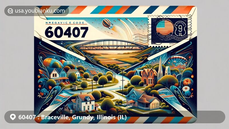 Modern digital illustration of Braceville, Grundy, Illinois, themed as an airmail envelope with ZIP code 60407 and Braceville, IL, depicting Midwest small town life, Illinois Route 129 Bridge, and local natural beauty.