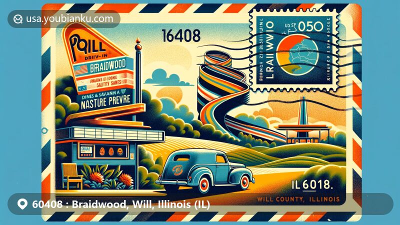 Vintage airmail envelope inspired illustration for Braidwood, Will County, Illinois, featuring Illinois state flag stamp and Polk-A-Dot Drive-In & Braidwood Nature Preserve.