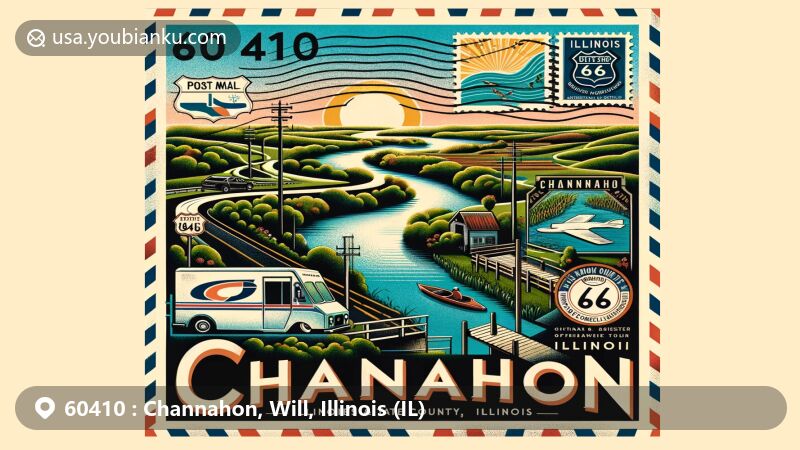 Vintage-style illustration of Channahon, Will County, Illinois, featuring Channahon State Park at the confluence of rivers, part of the Illinois & Michigan Canal National Heritage Corridor, with Route 66, waterways, greenery, and postal elements.