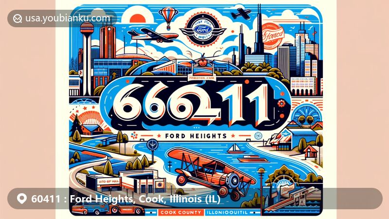Modern illustration of Ford Heights, Cook County, Illinois, showcasing postal theme with ZIP code 60411, featuring elements like vintage air mail envelope, stamps, and postmarks, and highlighting village's history and Ford Motor Company plant.