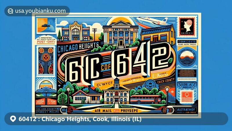Modern illustration of Chicago Heights, Cook County, Illinois, emphasizing ZIP code 60412, showcasing Union Street Gallery, Cook County Forest Preserve, vintage postal elements, and vibrant postcard style.