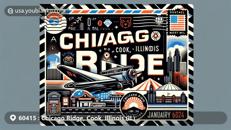 Vibrant illustration of Chicago Ridge, Cook County, Illinois, featuring ZIP code 60415 and iconic landmarks like Chicago Ridge Mall, Illinois flag, and vintage postal elements.