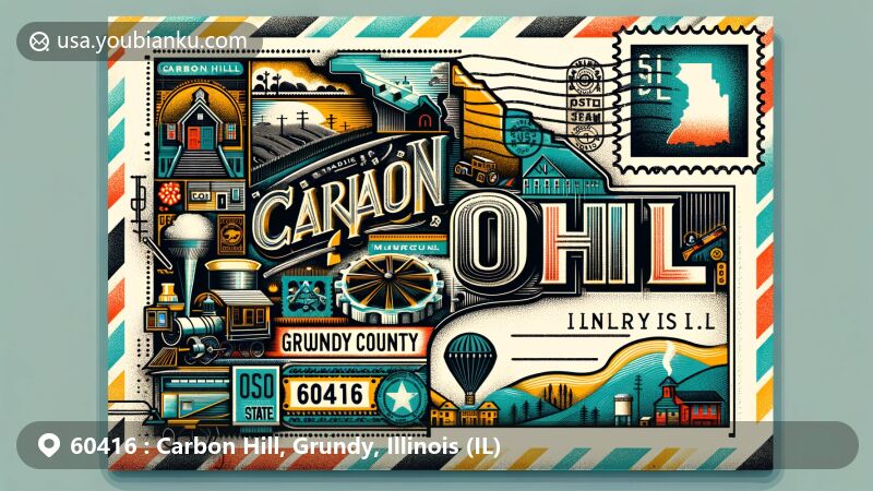 Modern illustration of Carbon Hill, Grundy County, Illinois, representing ZIP code 60416, featuring vibrant design of a postcard or envelope with visual references to coal mining history, immigrant life, and the Carbon Hill School Museum.
