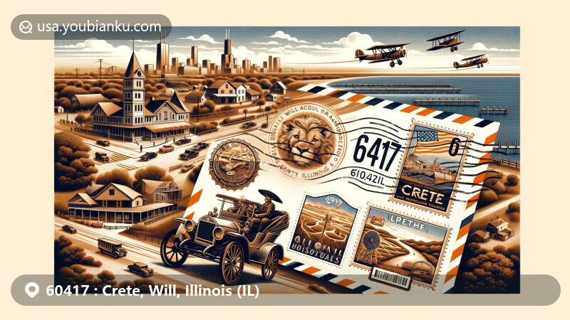 Modern illustration of Crete, Will County, Illinois, showcasing postal theme with ZIP code 60417, featuring landmarks like Balmoral Park Racetrack and Crete Area Historical Society and Museum.