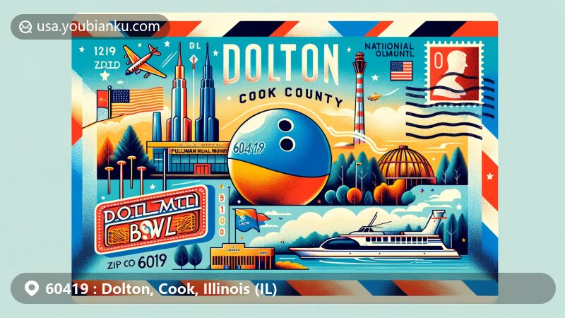 Modern illustration of Dolton, Cook County, Illinois, featuring ZIP code 60419 as an air mail envelope with vibrant colors, showcasing Dolton Bowl, Pullman National Monument, and Beaubien Woods, blending local landmarks, natural beauty, and postal theme.