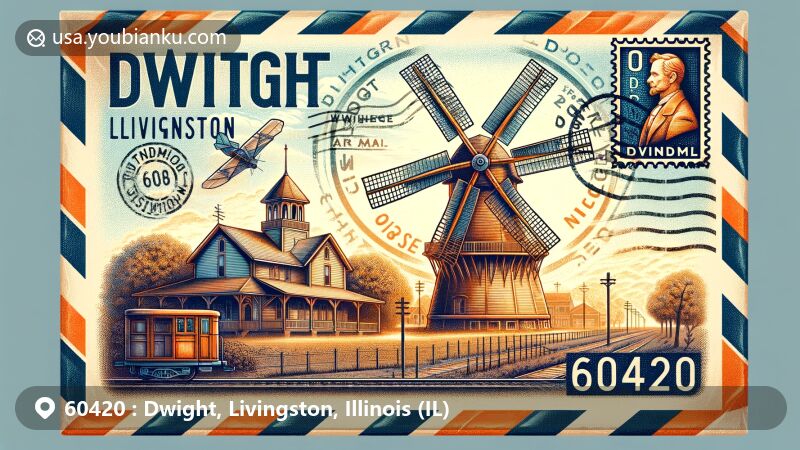 Modern illustration of Dwight, Livingston, Illinois, with vintage air mail envelope theme showcasing Oughton Estate Windmill and ZIP code 60420.