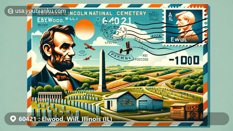 Modern illustration of Elwood, Will, Illinois, showcasing postal theme with ZIP code 60421, featuring Abraham Lincoln National Cemetery and Midewin National Tallgrass Prairie.