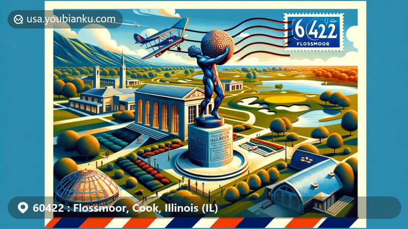 Vibrant illustration of Flossmoor, Illinois, capturing ZIP code 60422 essence with Sculpture Gardens, country clubs, and golf courses, reflecting town's recreational and cultural history.