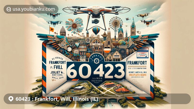 Artistic representation of Frankfort, Will County, Illinois, celebrating ZIP code 60423 with airmail envelope and rich collage featuring German settlers, agricultural symbols, and Joliet and Northern Indiana Railroad influence.