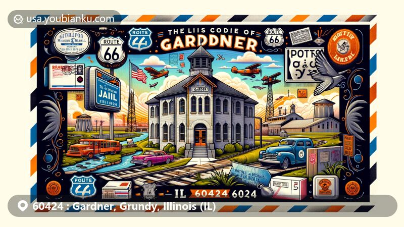 Modern illustration of Gardner, Grundy, Illinois, depicting historic Two-cell Jail, Route 66 signs, and Illinois & Michigan Canal, with vintage postal theme.