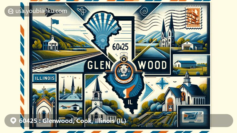 Whimsical illustration of Glenwood, Illinois, with ZIP code 60425, featuring Illinois state flag, Cook County outline, local church symbols, Glenwood Academy emblem, and lush greenery backdrop.
