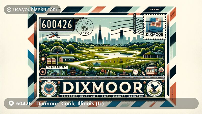 Modern illustration of Dixmoor, Cook, Illinois, depicting postal theme with ZIP code 60426, showcasing Dixmoor Playfield and local cultural elements.
