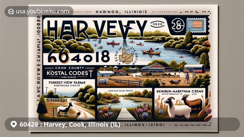 Modern illustration of ZIP code 60428 (Harvey, Cook, Illinois), showcasing Kickapoo Meadows with kayakers, Forest View Farms petting farm, Sand Ridge Nature Center nature trail, and Gensburg-Markham Prairie Nature Preserve.