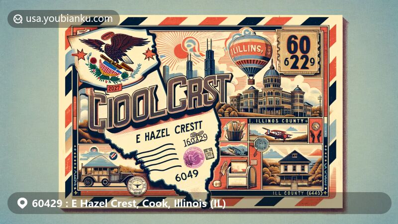 Modern illustration of E Hazel Crest, Cook County, Illinois, showcasing postal theme with ZIP code 60429, featuring Illinois state flag and iconic landmarks of the city.