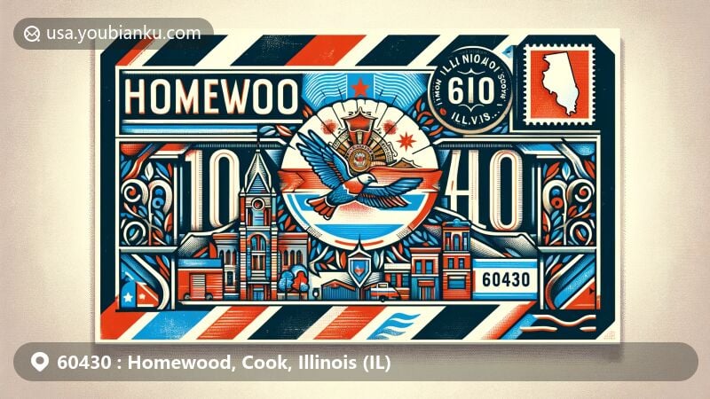 Vintage-style airmail envelope illustration of Homewood, Cook, Illinois, showcasing state flag and local landmark, with postal elements like '60430' ZIP code stamp and mailbox.
