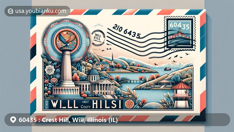 Modern illustration of Crest Hill, Will County, Illinois, resembling an airmail envelope with a large stamp featuring Illinois state flag, local landmarks, and cultural symbols, highlighting ZIP code 60435.