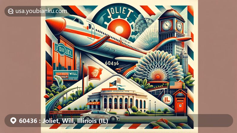 Modern illustration of Joliet, Will, Illinois, incorporating postal elements with ZIP code 60436, featuring Rialto Square Theatre, Chicagoland Speedway, Joliet Iron Works Historic Site, and Pilcher Park.