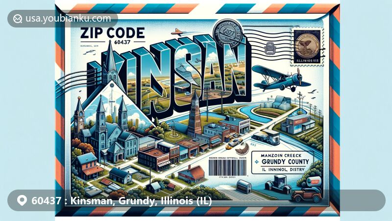 Modern illustration of Kinsman, Grundy County, Illinois, highlighting postal theme with ZIP code 60437, featuring Mazon Creek Fossil Beds, Morris Downtown Commercial Historic District, and Illinois state flag.