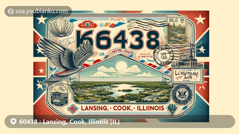 Modern illustration of Lansing, Cook County, Illinois, showcasing vintage airmail theme with ZIP code 60438, featuring Wampum Lake, Cook County outline, and Illinois state flag elements.