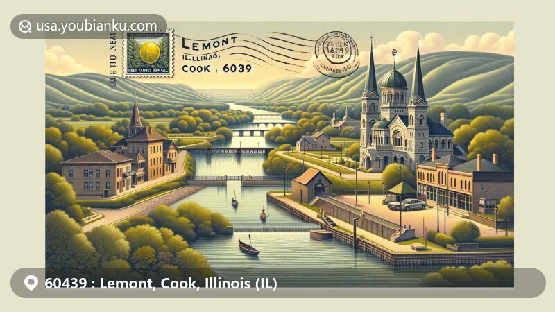 Modern illustration of Lemont, Cook, Illinois, with postal theme for ZIP code 60439, featuring Des Plaines River Valley, Lemont limestone architecture, Hindu Temple of Greater Chicago, SS Cyril & Methodius Church, and Illinois and Michigan Canal.