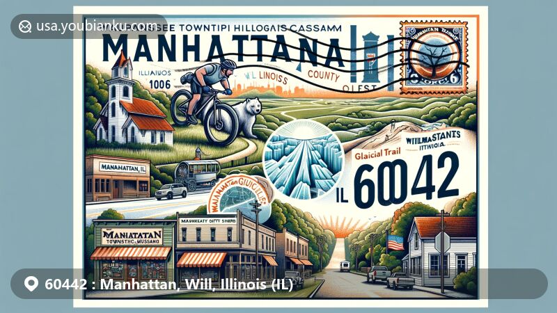 Modern illustration of Manhattan, Will County, Illinois, showcasing focal points like the Wauponsee Glacial Trail, Manhattan Township Historical Museum, and specialty gift shops. Includes vintage postal elements with Illinois state flag and classic American mailbox.