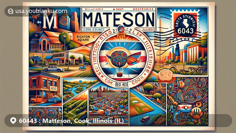 Modern illustration of Matteson, Cook County, Illinois, highlighting ZIP code 60443, featuring Richton Square, Link Bridges Forest Nature Preserve, and Arts & Music Festival, symbolizing community diversity and love for outdoor activities.