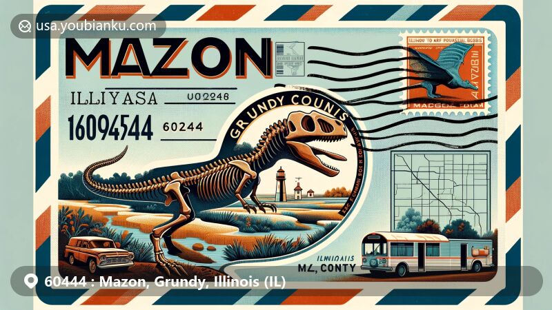 Modern illustration of Mazon Village, Grundy County, Illinois, inspired by airmail envelope design with ZIP code 60444, featuring Mazon Creek fossil beds and the iconic Tully Monster.