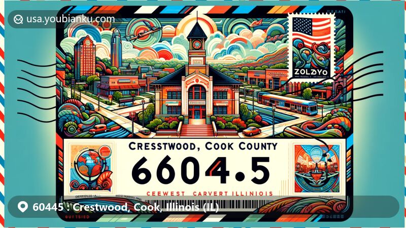 Modern illustration of Crestwood, Cook County, Illinois, featuring Crestwood Village Hall and cultural landmarks like Rivercrest Shopping Center, Caesar Park, and Midwest Carvers Museum.
