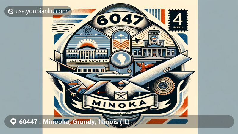Modern illustration of Minooka, Grundy County, Illinois, featuring a creative airmail envelope design with ZIP code 60447, showcasing local landmarks and Illinois state symbols.