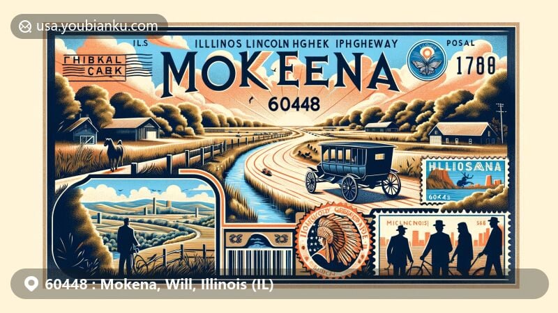 Modern illustration of Mokena, Will County, Illinois, highlighting Hickory Creek Preserve and Illinois Lincoln Highway Interpretive Mural, with postal theme of 'Mokena, IL 60448' and vintage Illinois symbols.