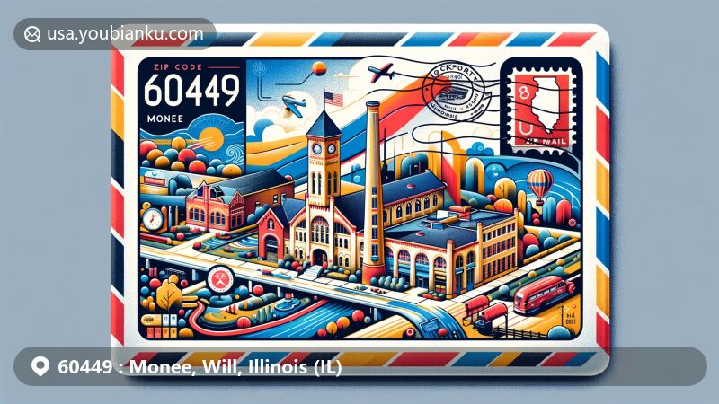 Colorful illustration of Monee, Will County, Illinois, featuring postal theme with ZIP code 60449, showcasing local landmarks like the historic Monee Creamery and Illinois state symbols.
