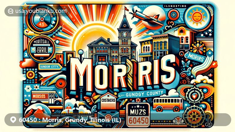 Modern illustration of Morris, Grundy County, Illinois, inspired by vintage postcards and the city's history. Features Morris Downtown Commercial Historic District, Grundy County map outline, and symbols representing the city's diverse climate with sun and snowflakes. Includes postal elements like vintage stamp, postmark with ZIP code 60450, mailbox, and mail truck in a vibrant and visually appealing design.